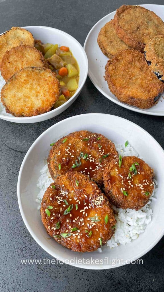 crispy eggplant cats with Japanese curry and teriyaki sauce