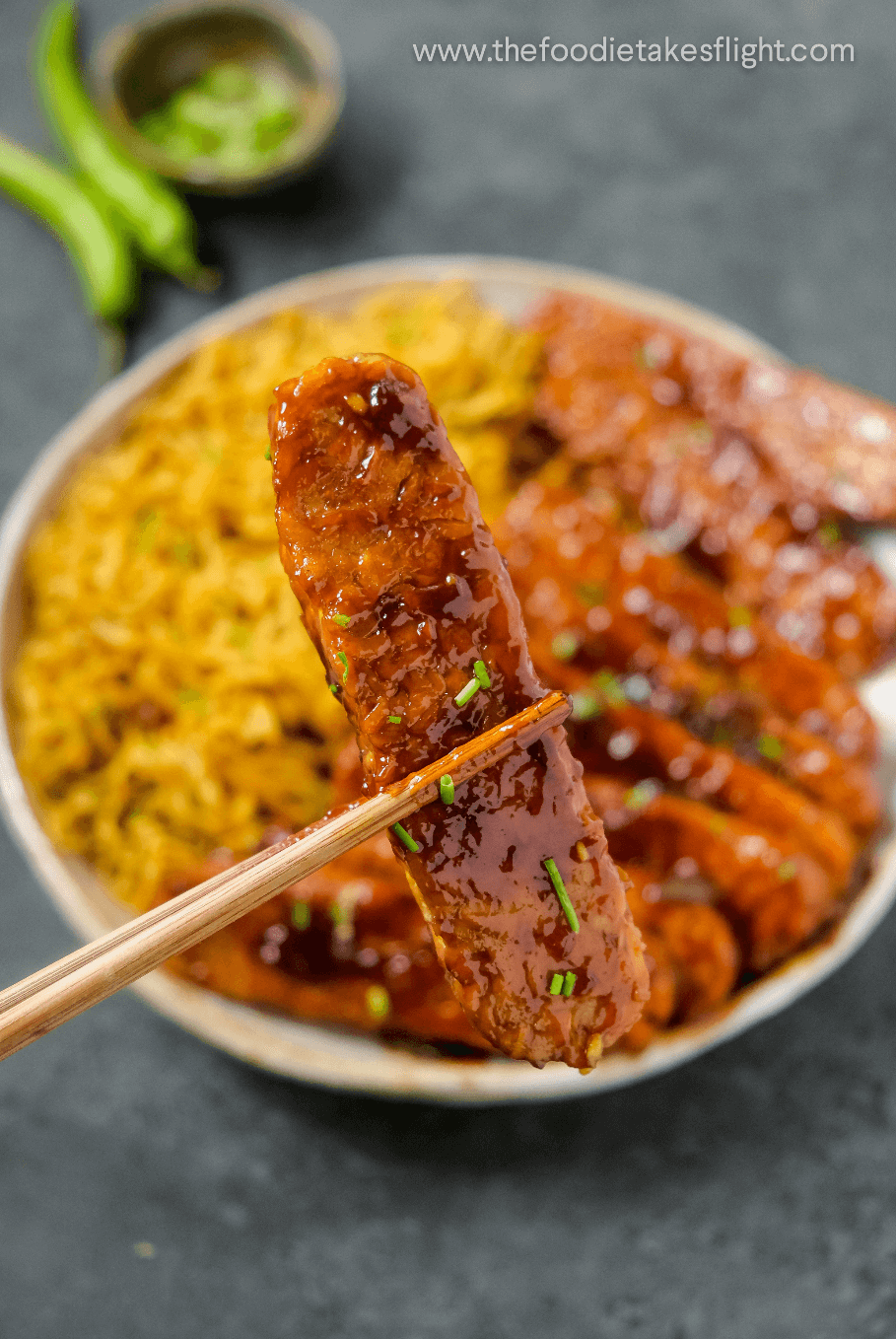 Sweet and Spicy Tempeh with Garlic Curry Noodles The Foodie Takes Flight