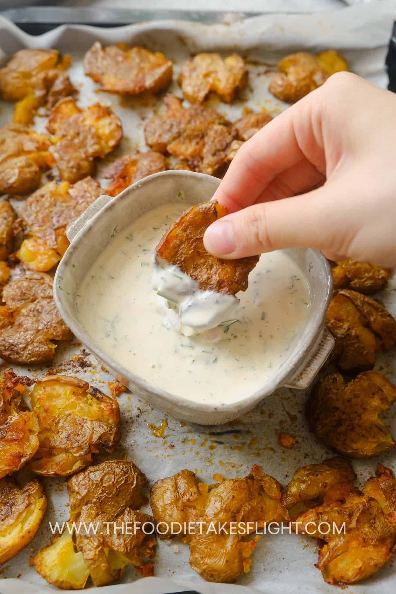 Smashed Potatoes with Dill Mayo The Foodie Takes Flight