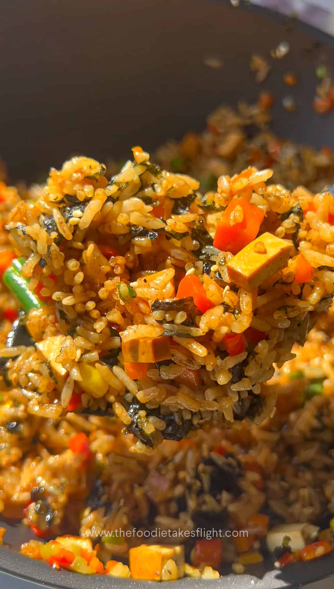 seaweed fried rice in a wok