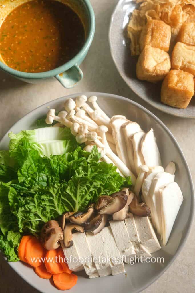 fresh tofu, mushrooms, greens for Chinese hot pot