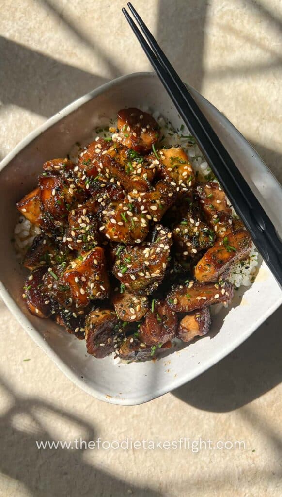 Miso Garlic King Oyster Mushrooms over rice