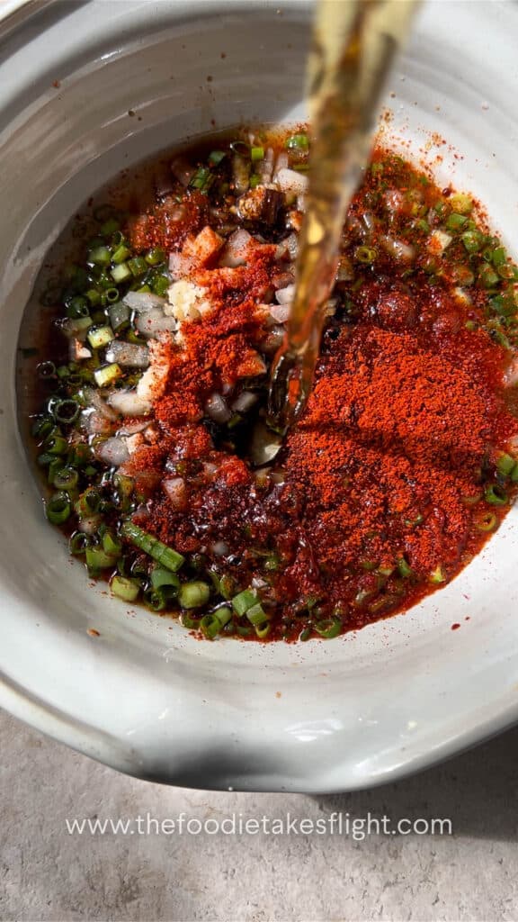 chopped green onions, garlic, sugar, chili flakes, vinegar, soy sauce