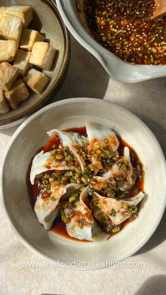 Korean Dipping Sauce with steamed or boiled dumplings