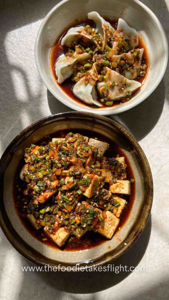 Korean Dipping Sauce with dumplings and air-fried tofu