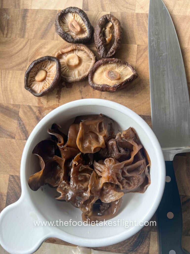 Rehydrated shiitake mushrooms and black fungus