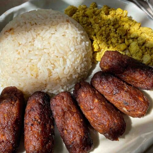 vegan filipino longganisa or filipino sausages with garlic rice and tofu scramble