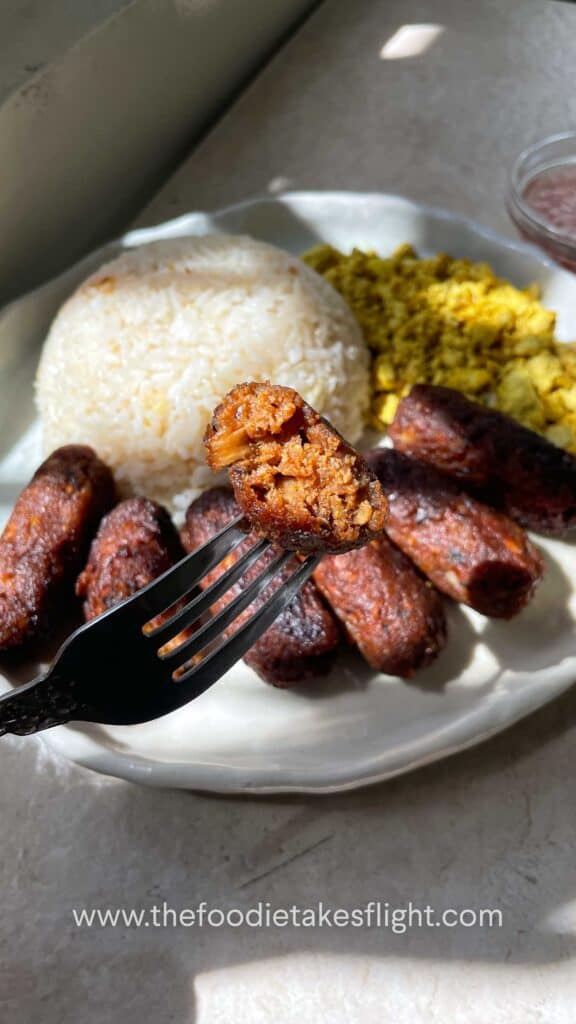vegan filipino longganisa or filipino sausages with garlic rice and tofu scramble