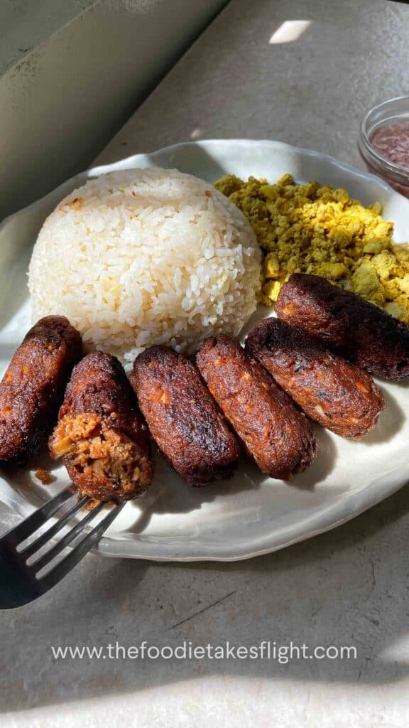vegan filipino longganisa or filipino sausages with garlic rice and tofu scramble