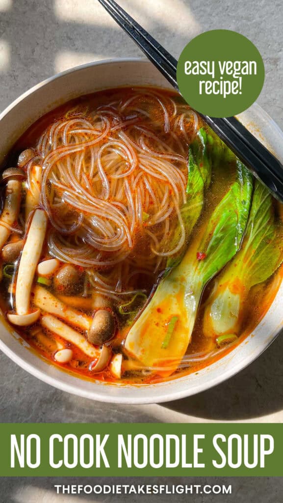 no cook noodle soup with mushrooms and wok choy