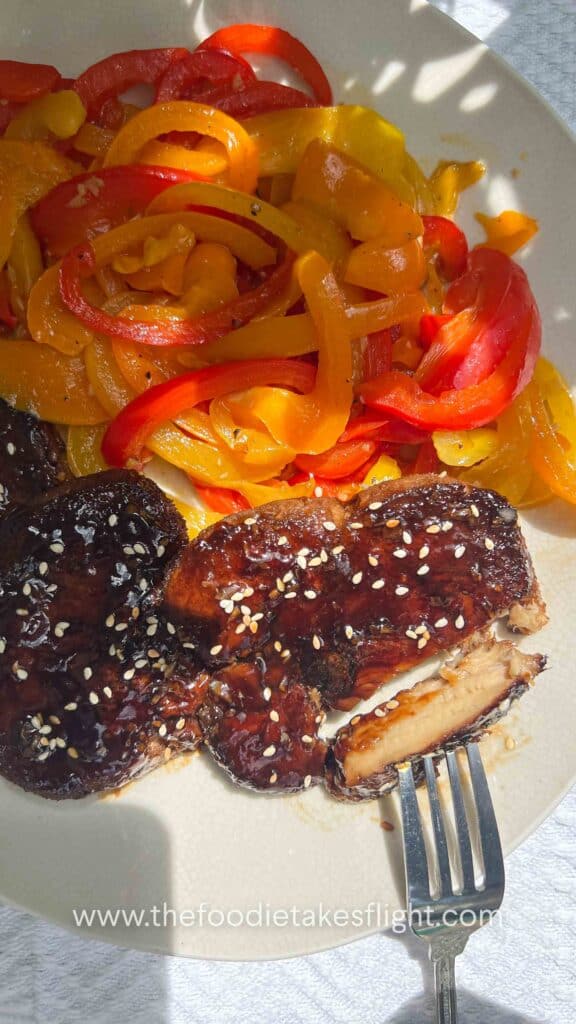 teriyaki lion's mane mushroom steaks with bell peppers