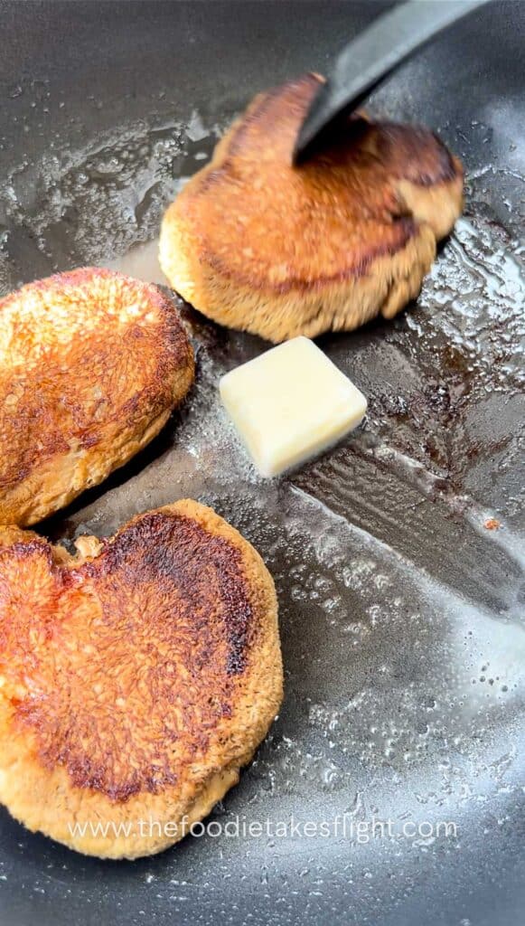 cooking the lions mane mushrooms with vegan butter