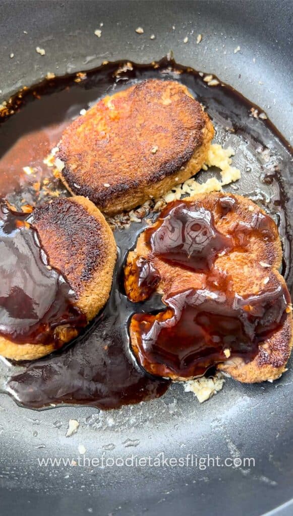 cooking the lions mane mushrooms with teriyaki sauce
