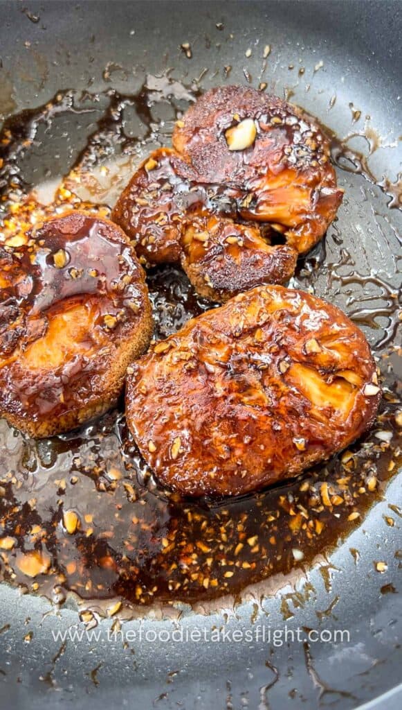 cooking the lions mane mushrooms with teriyaki sauce