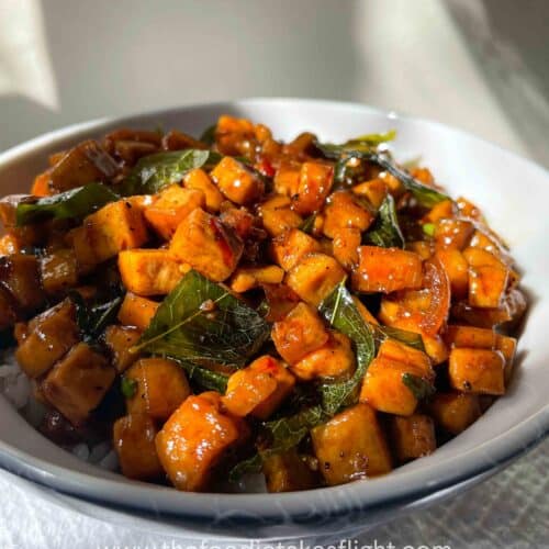 sweet chili tofu with curry leaves