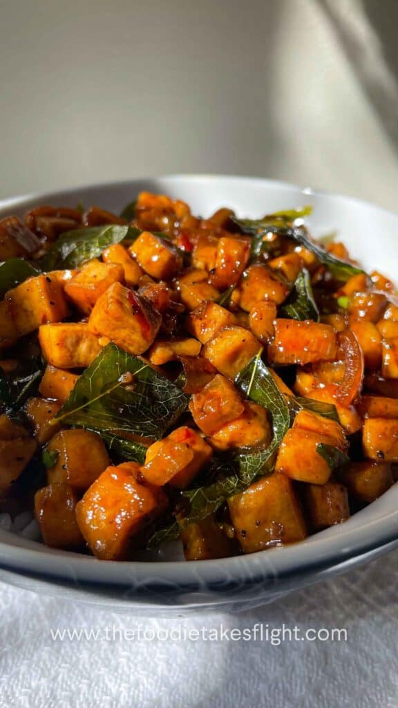 sweet chili tofu with curry leaves