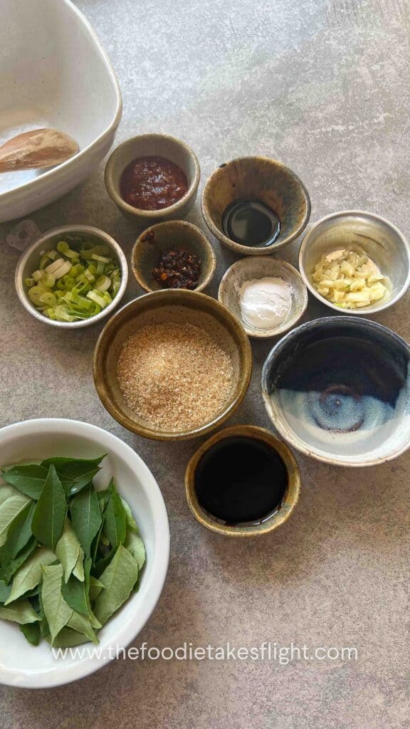 ingredients for sweet chili tofu with curry leaves