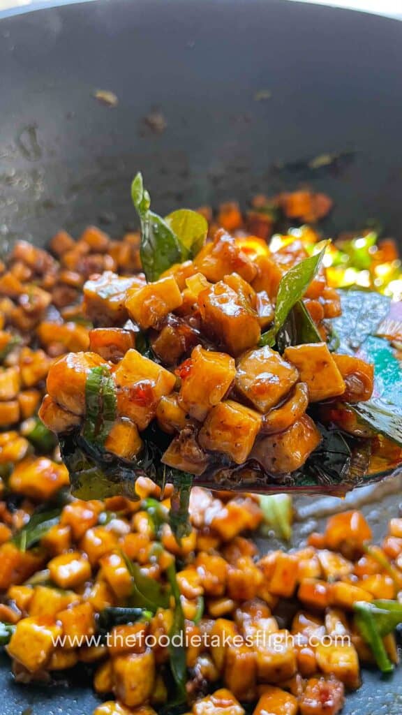sweet chili tofu with curry leaves