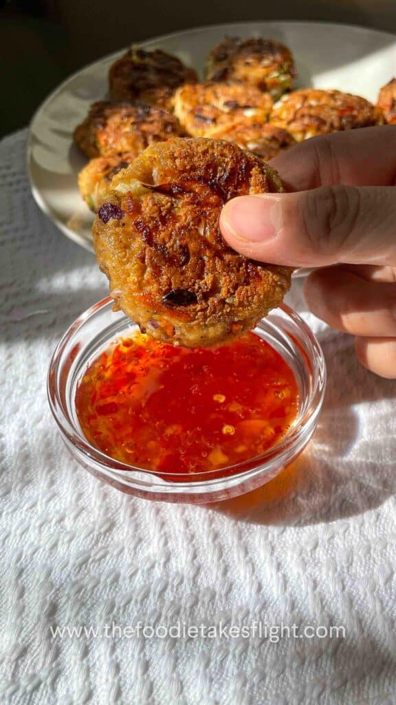 tofu and vegetable patties with sweet chili sauce