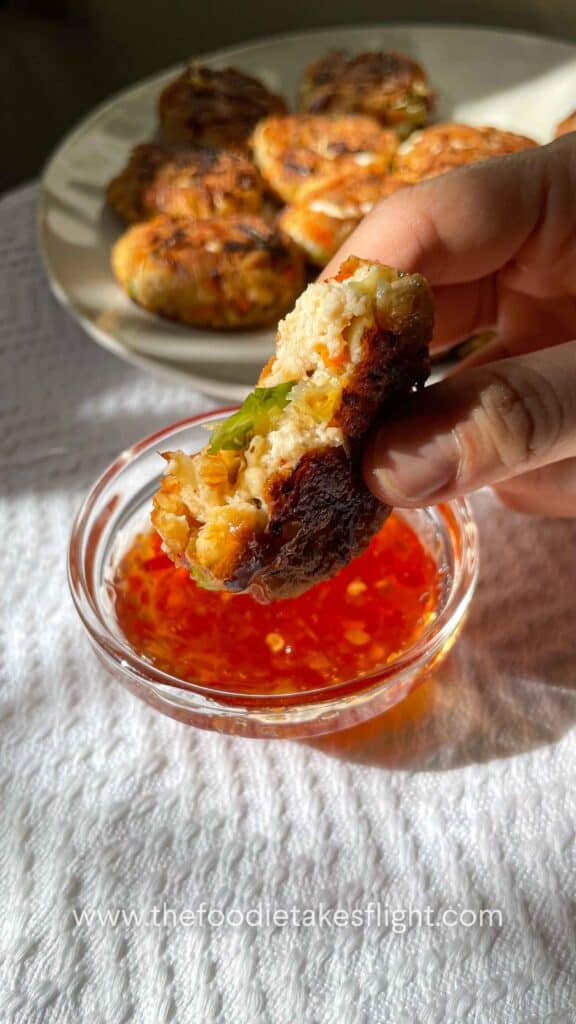 tofu and vegetable patties with sweet chili sauce
