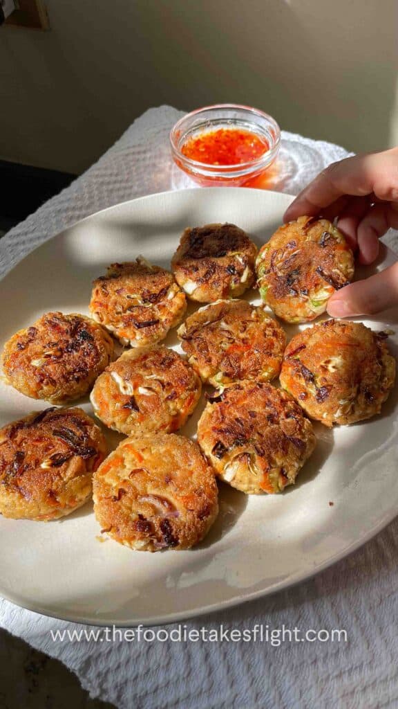 tofu and vegetable patties with sweet chili sauce