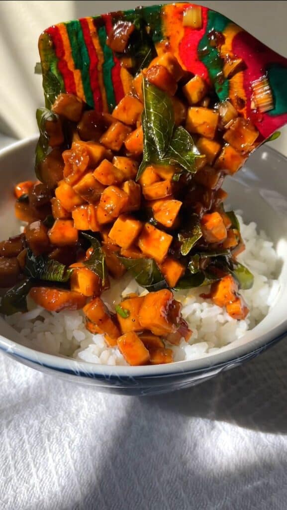 sweet chili tofu with curry leaves