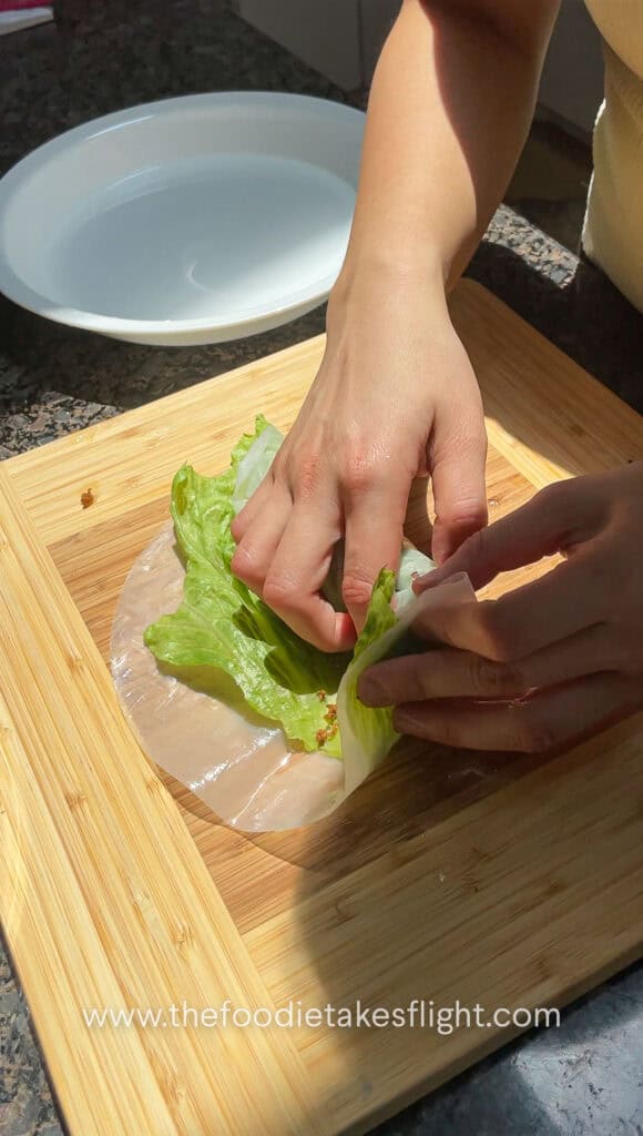 folding rice paper rolls with tofu and mushroom filling