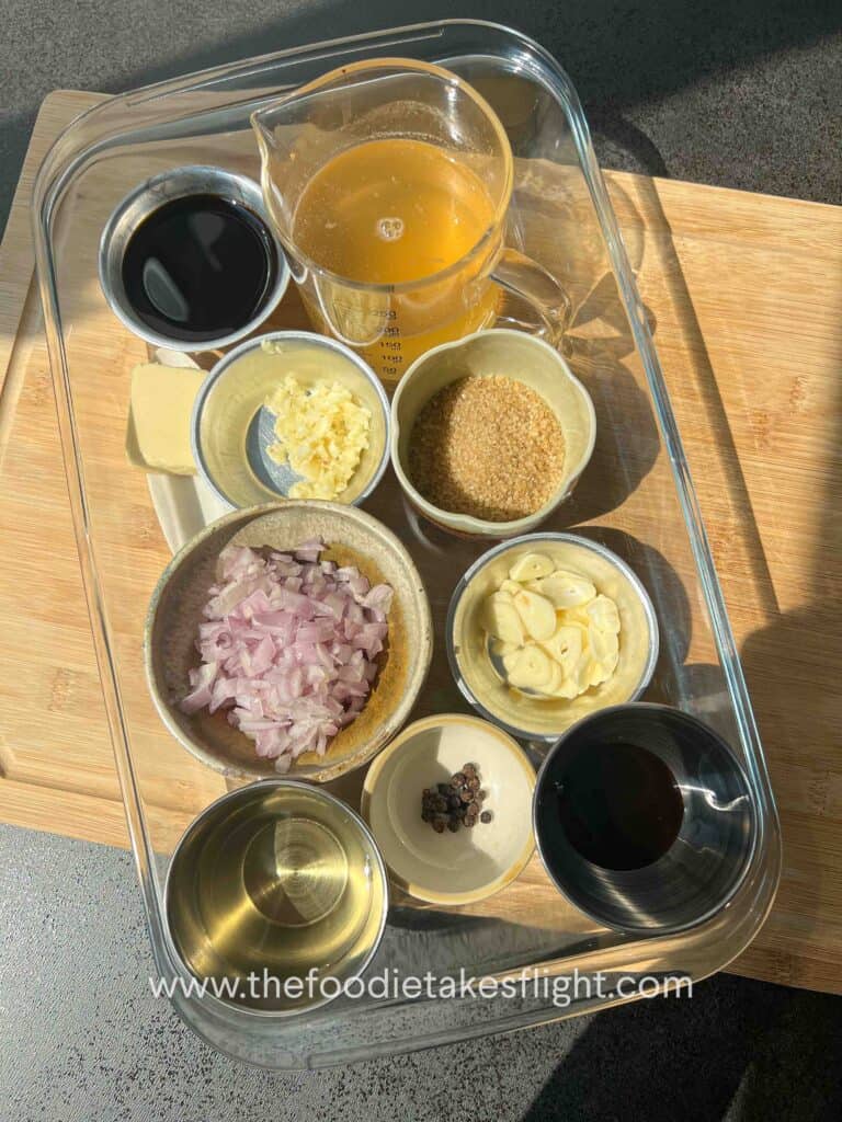 ingredients for mushroom adobo with sinangag or fried garlic rice