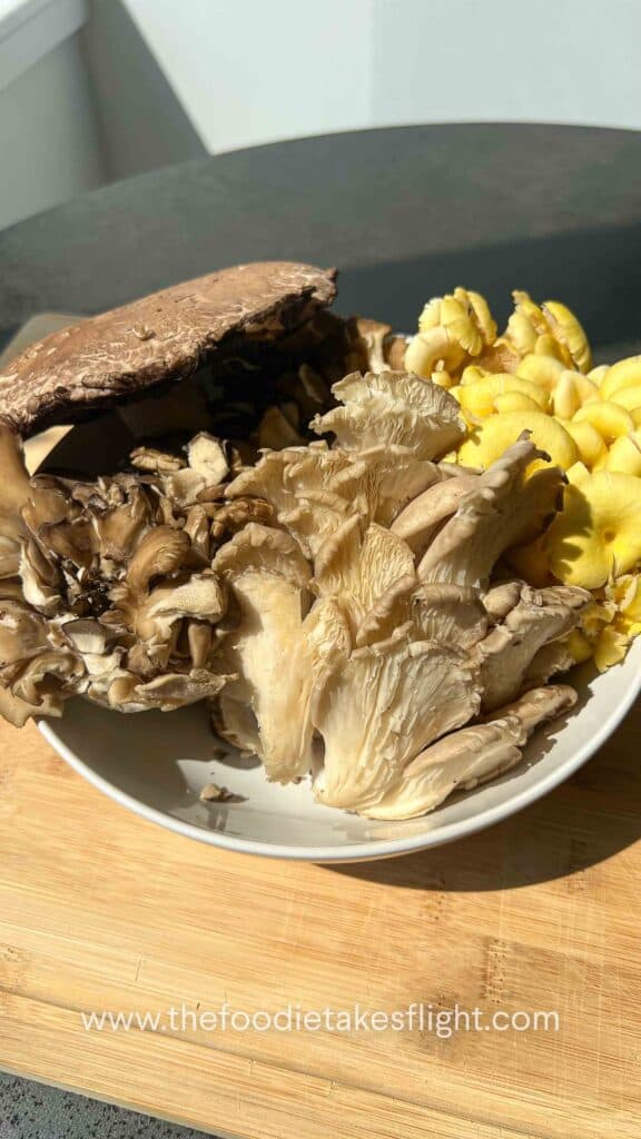 fresh oyster, portobello, and maitake mushrooms