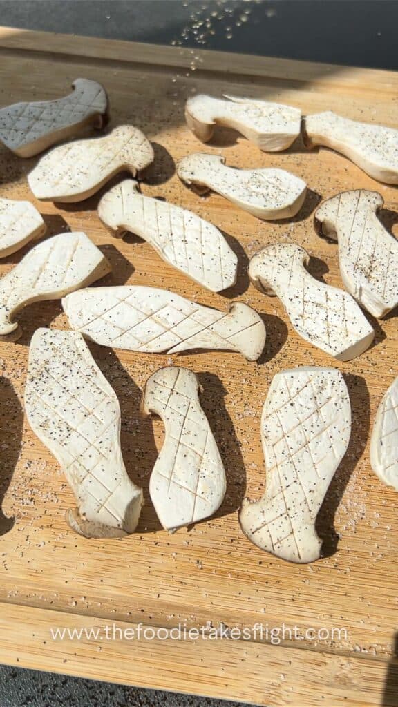 scored king oyster mushrooms