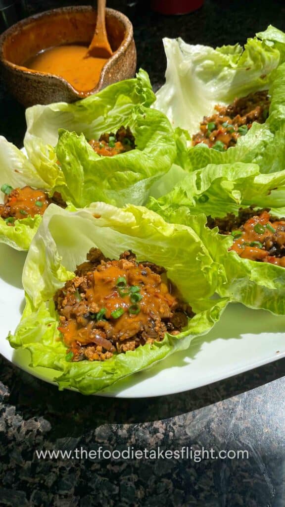 tofu and mushroom lettuce wraps with peanut sauce