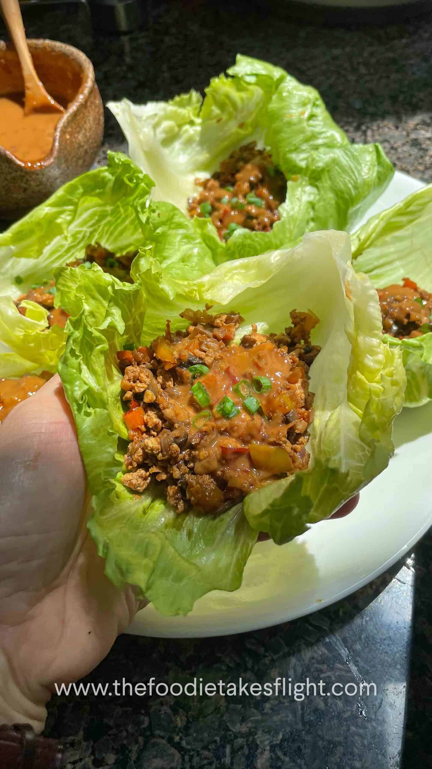 tofu and mushroom lettuce wraps with peanut sauce