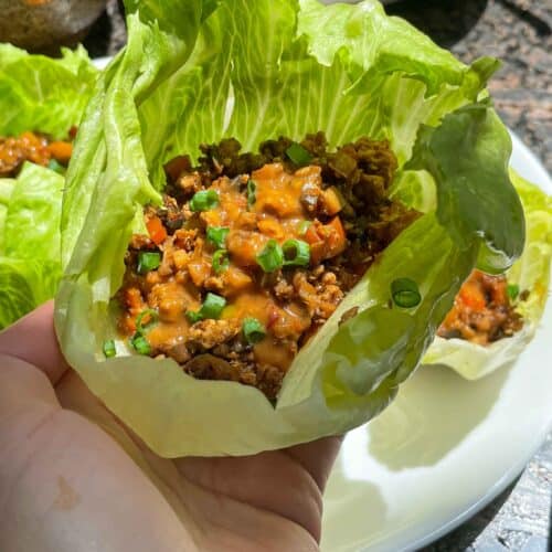 tofu and mushroom lettuce wraps with peanut sauce