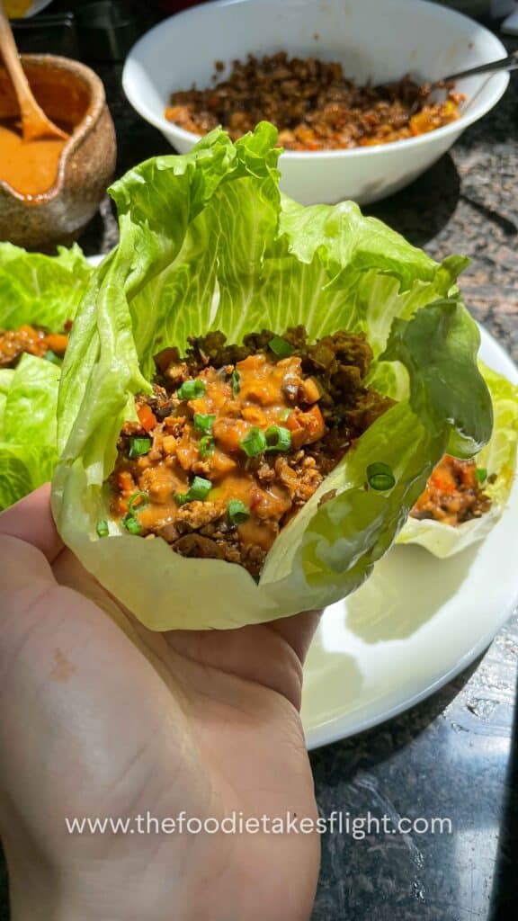tofu and mushroom lettuce wraps with peanut sauce