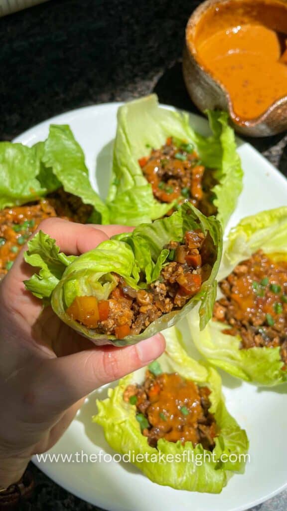 tofu and mushroom lettuce wraps with peanut sauce