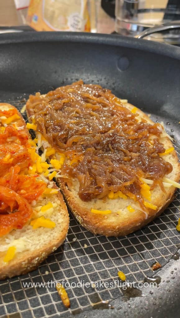 Adding kimchi and caramelized onions