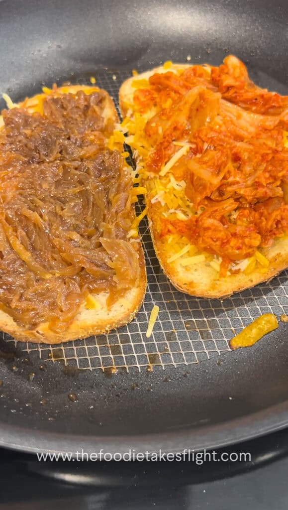 Adding kimchi and caramelized onions