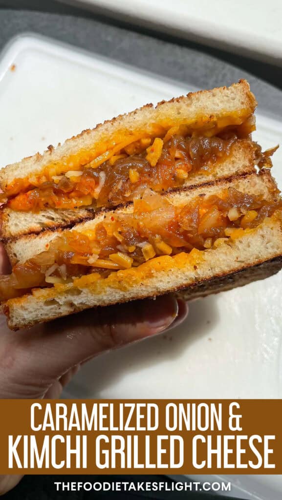caramelized onion and kimchi grilled cheese sandwich