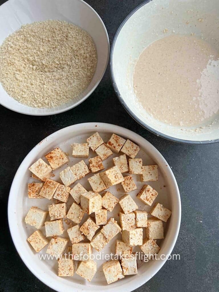 seasoned tofu, batter, panko breadcrumb mix