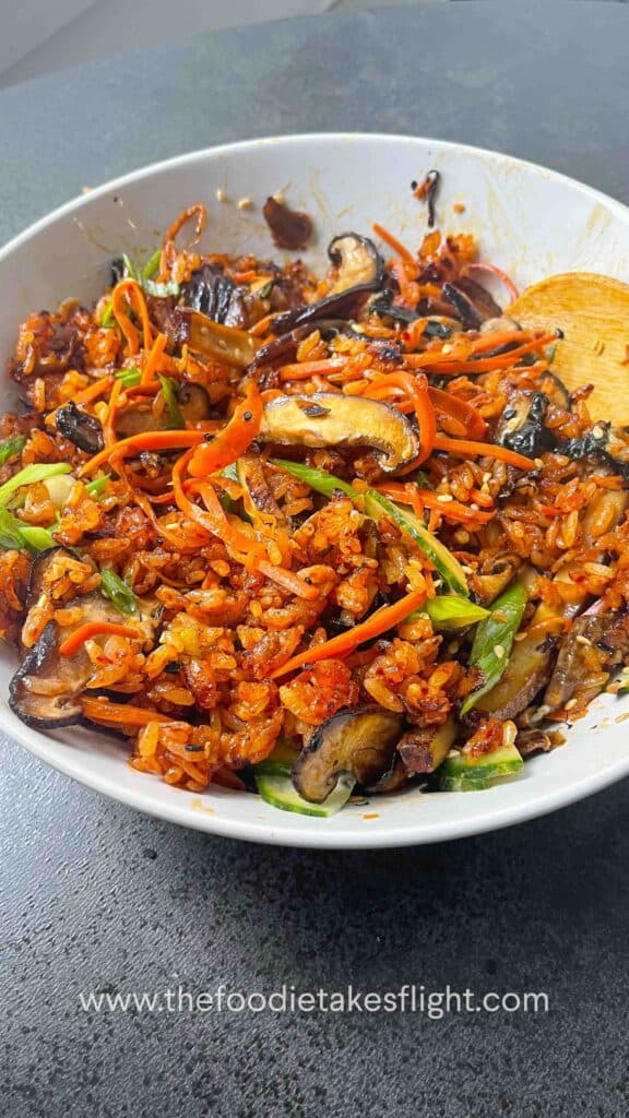 Crispy Kimchi Fried Rice Bowl with sriracha mayo