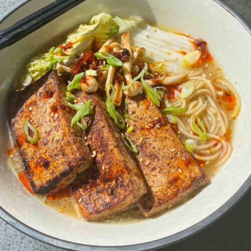 Lemongrass Miso Ginger Noodle Soup with five spice tofu