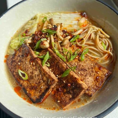 Lemongrass Miso Ginger Noodle Soup with five spice tofu