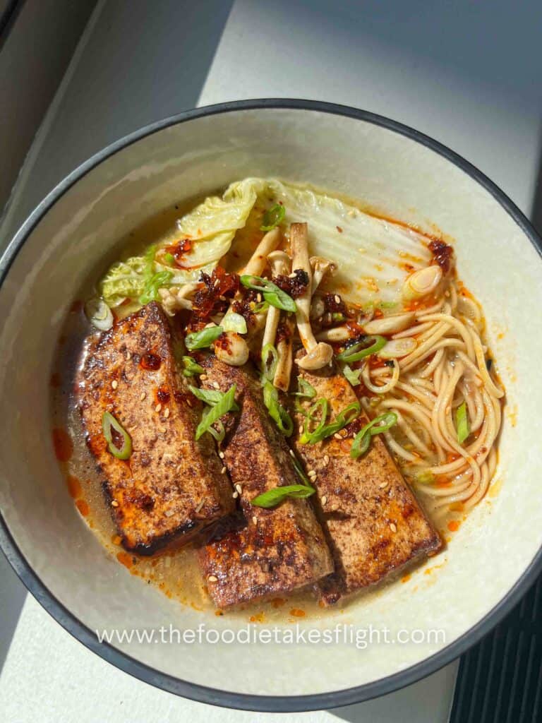 Lemongrass Miso Ginger Noodle Soup with five spice tofu