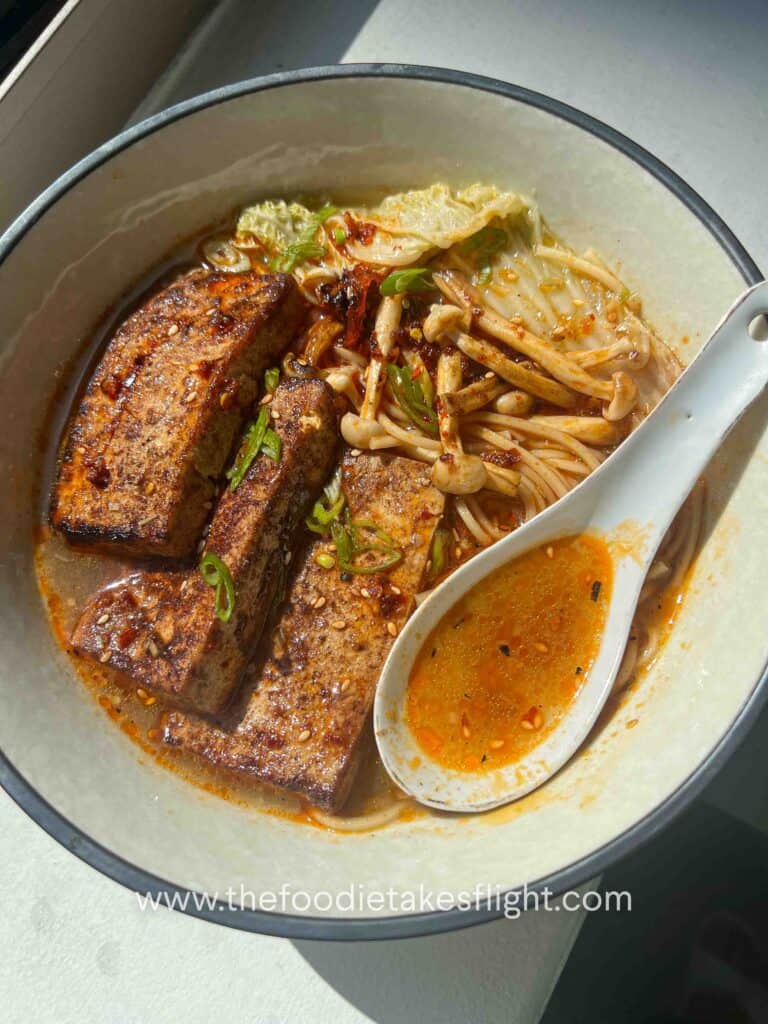 Lemongrass Miso Ginger Noodle Soup with five spice tofu