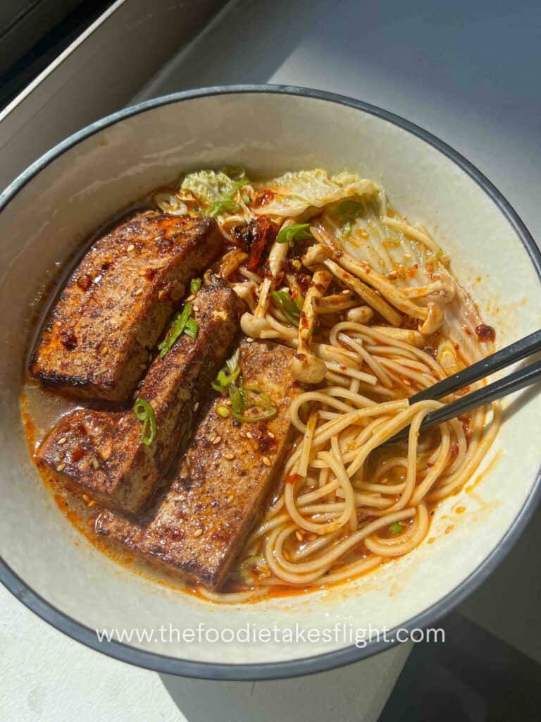Lemongrass Miso Ginger Noodle Soup with five spice tofu