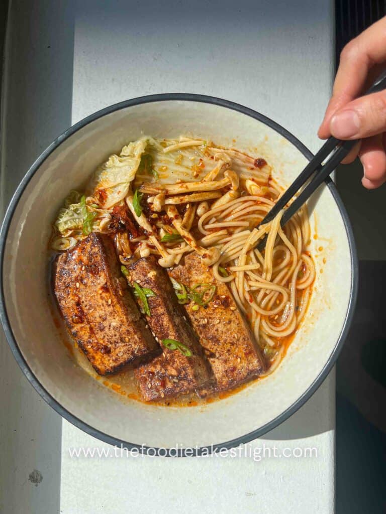 Lemongrass Miso Ginger Noodle Soup with five spice tofu