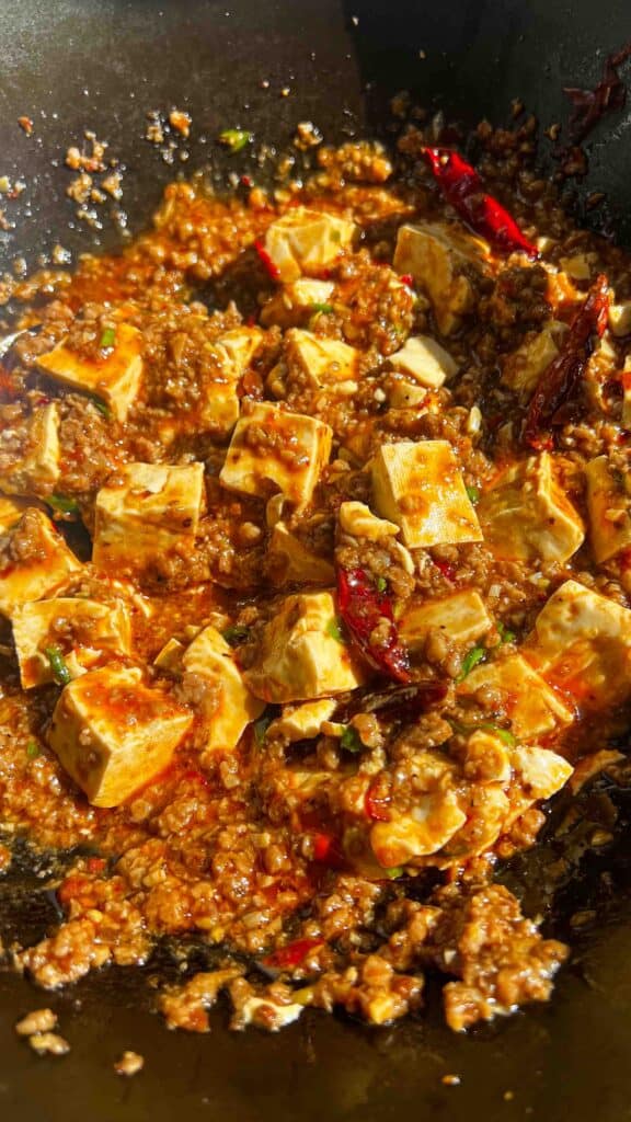 vegan mapo tofu in a wok