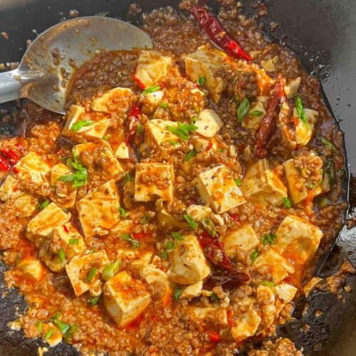 vegan mapo tofu in a wok