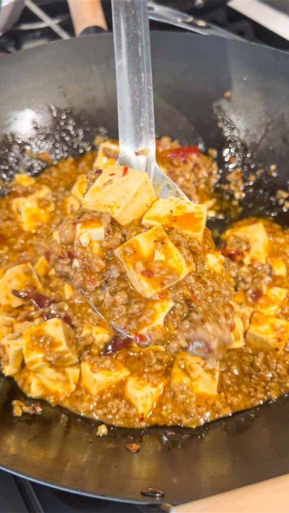 mapo tofu in wok