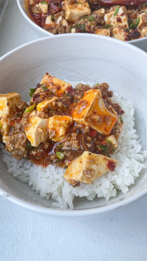 vegan mapo tofu over rice